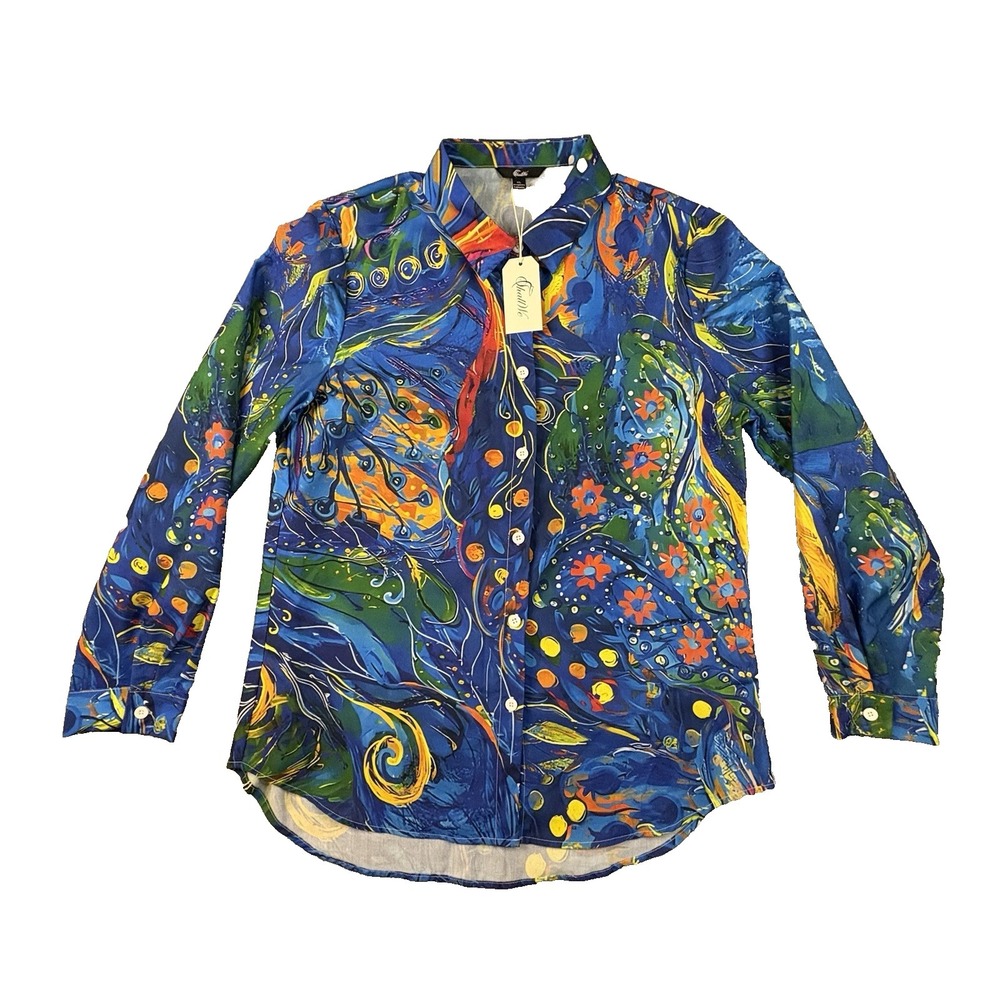 ShallWe Women's XL Multicolor Abstract Art AOP Button‎ Up LS Blouse SEE DESC
